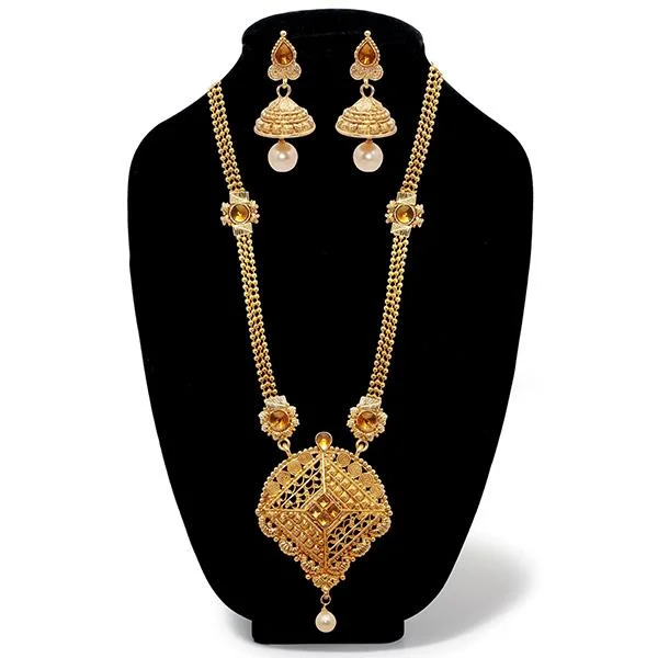 Luxury Choker Necklaces-Kriaa Austrian Stone Gold Plated Long Haram Necklace Set - 1109104A