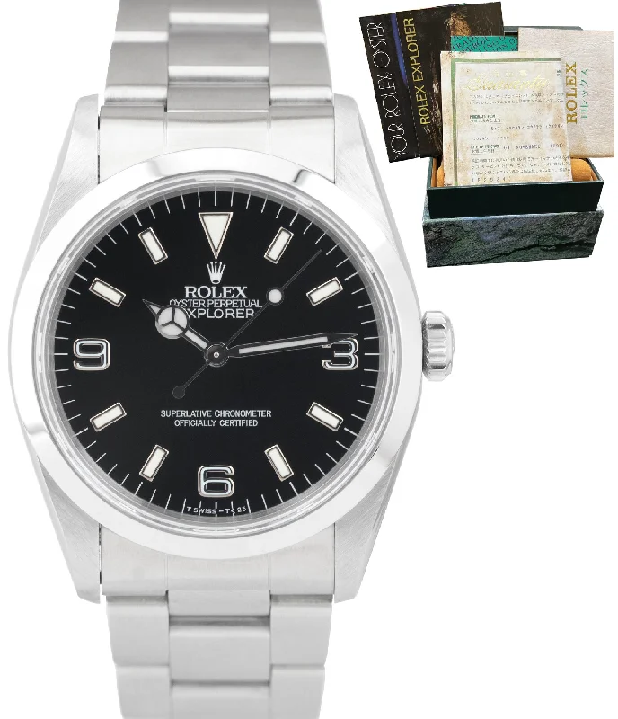 Fashionable Rose Gold Watches-1995 Rolex Explorer I Black 36mm Stainless Steel Oyster Watch 14270 BOX PAPERS