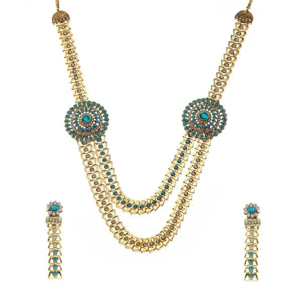 Modern Diamond Necklaces-Tip Top Fashions Blue Austrian Stone Gold Plated Necklace Set - 1106301B