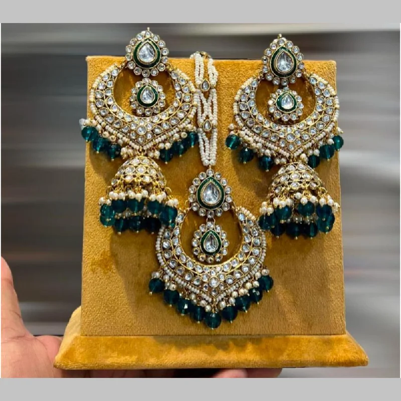 Organic Pearl Earrings-Hira Collections Gold Plated Kundan Stone And Beads Jhumki With Maangtikka