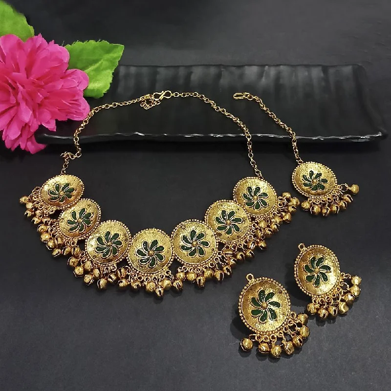 Double Layer Necklaces-Kriaa Gold Plated Green Meenakari Necklace Set With Maang Tikka - 1116020D