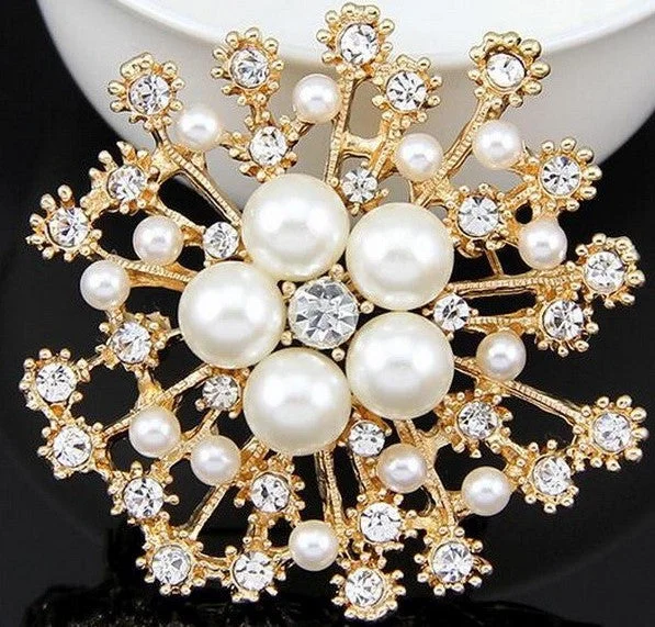 Elegant Brooch with Colorful Gemstones-Silver or Gold Brooch Pearls Rhinestone Crystal BR-014