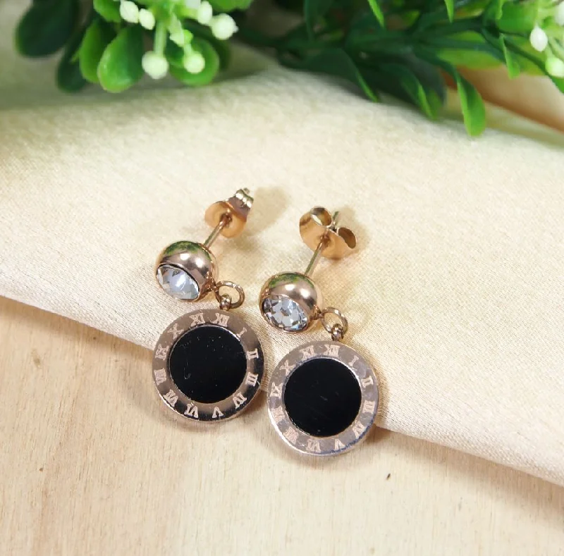 Pearl Drop Earrings-Tarohi Jewels Stainless Steel Rosegold Plated Roman Numerals Black Disc Earring- STNER 2717