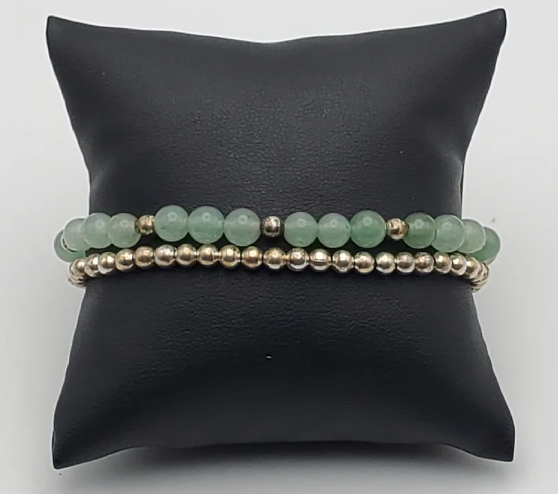 Adjustable Beaded Bracelets-Vintage Jade and Silver Tone Bead Double Strand Bracelet - 7"