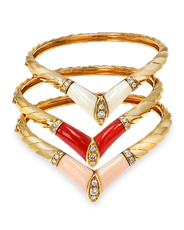 Unique Beaded Charm Bracelets-Coral and Diamond Bangle Bracelet Set