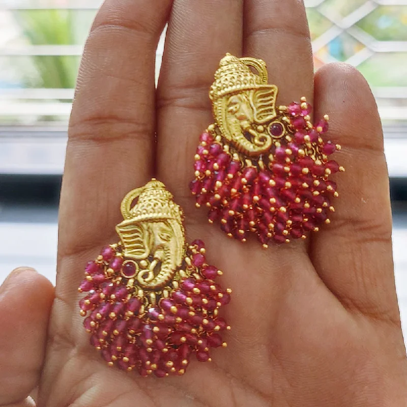 Silver Earring Cuffs-Joyful Jewel Art Matte Gold Plated Pota Stone And Pearl Lord Ganesha Dangler Earrings