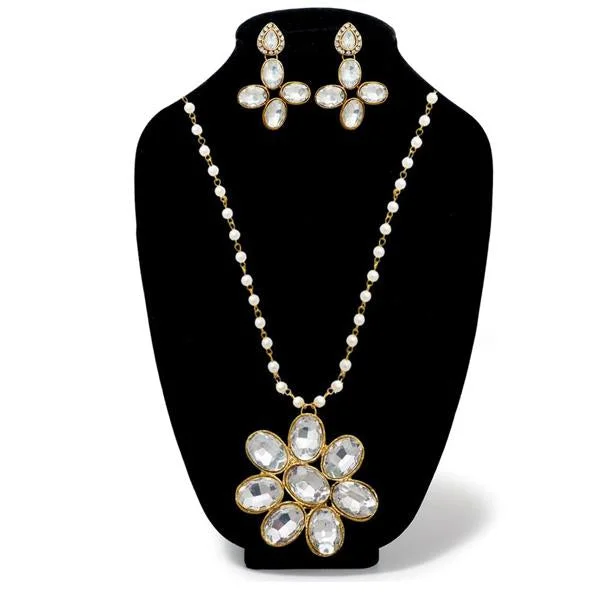 Gold Diamond Necklaces-Kriaa White Glass Stone Gold Plated Necklace Set - 1106411A