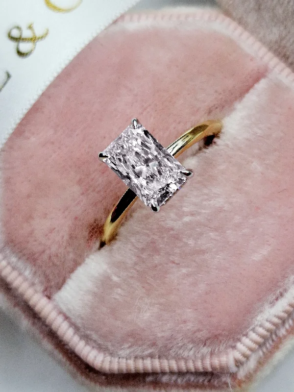 Vintage Silver Engagement Rings-1.76 Carats Lab Grown Radiant Cut Two Tone Solitaire Hidden Halo Diamond Engagement Ring