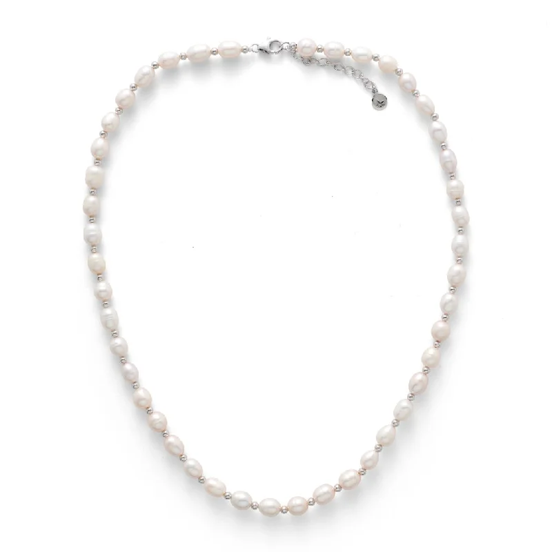 Classic Choker Necklaces-Pearl & Silver Bead Necklace 8mm