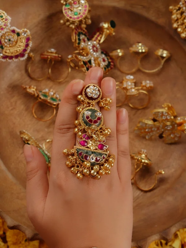 Vintage Gold Rings-Multicolor Gold Plated Jadau Kundan Ring - MRNG185M