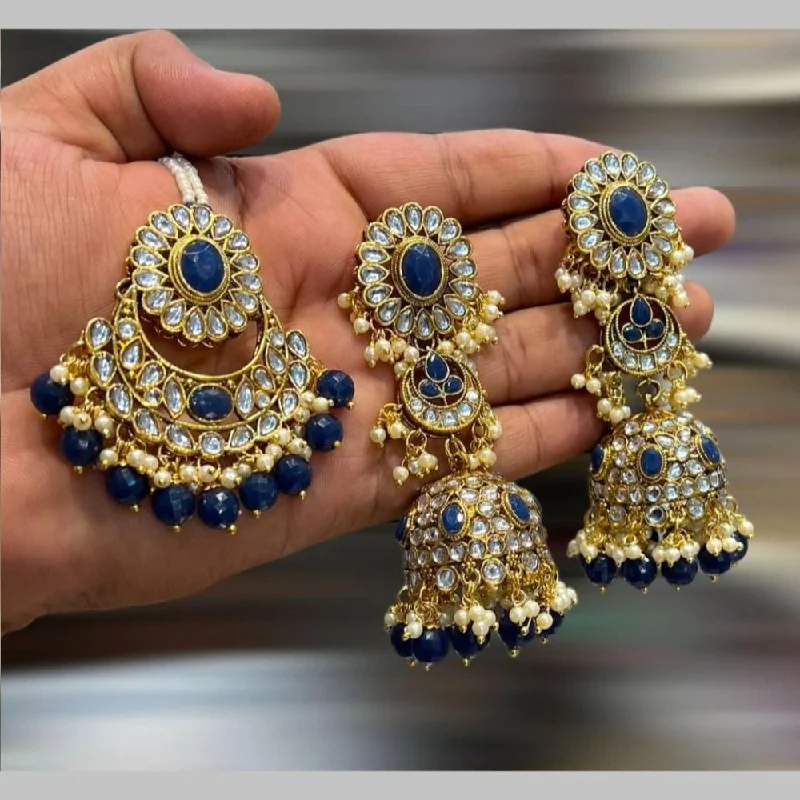 Handcrafted Gemstone Earrings-Hira Collections Gold Plated Kundan Stone And Beads Jhumki With Maangtikka