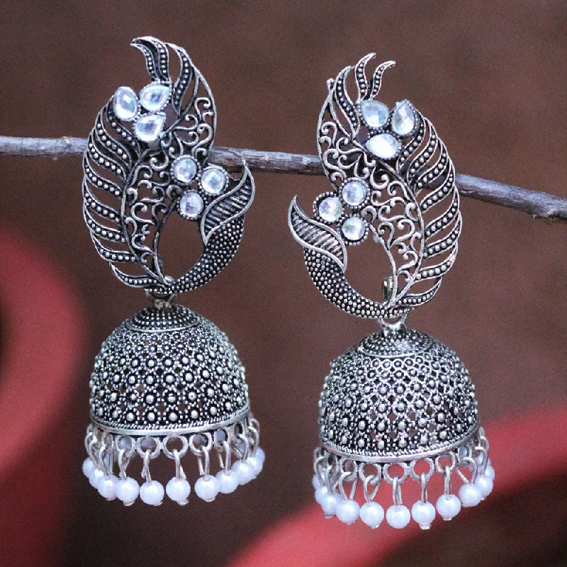 Rose Gold Earrings for Bridesmaids-H K Fashion Oxidised Plated Austrian Stone And Pearls Jhumki Earrings