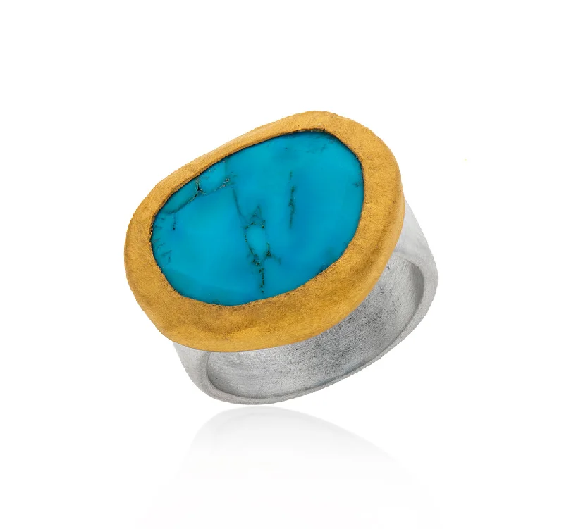 Unique Wedding Band Sets-Nava Zahavi Yellow Gold Large Oval Turquoise Ring