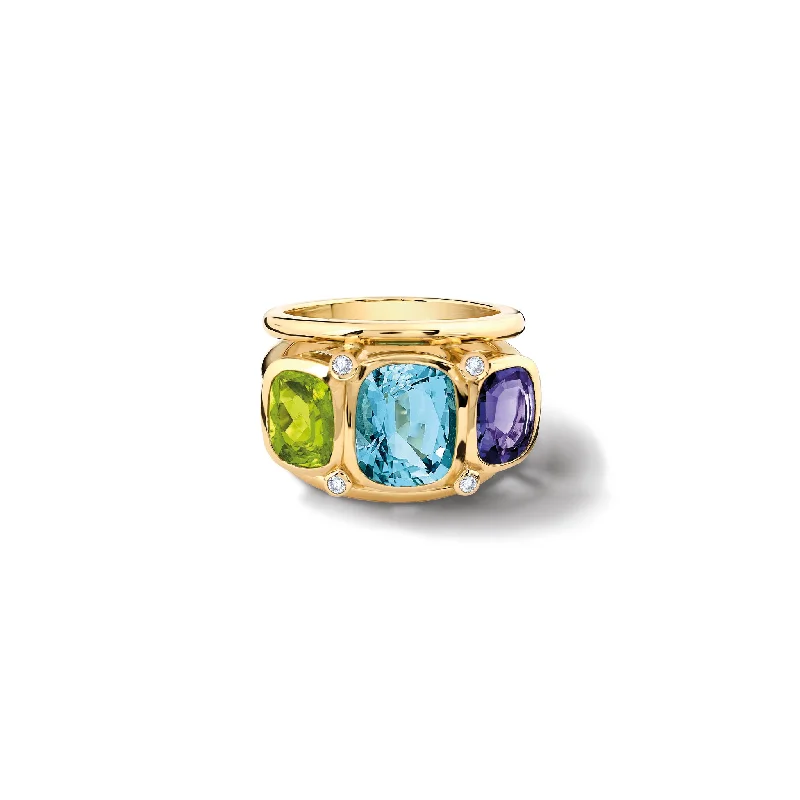 Unique Men's Wedding Bands-Ozymandias Ring 18ct Yellow Gold -  Blue Topaz, Peridot, Iolite & Diamond Ring