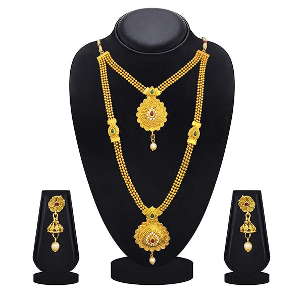 Personalized Initial Necklaces-Kriaa Gold Plated Maroon Green Stone Double layer Necklace Set