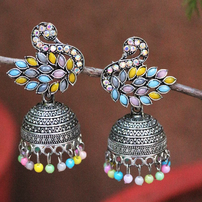 Large Hoop Earrings-H K Fashion Oxidised Plated Crystal  Stone And Pearls Jhumki Earrings