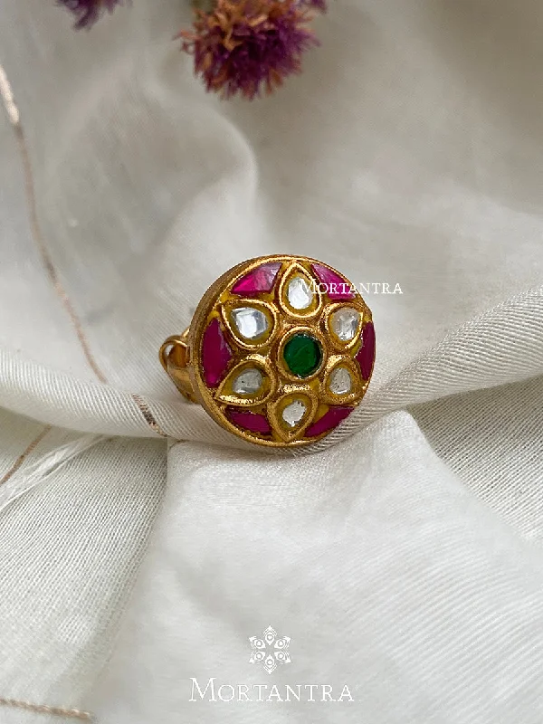 Elegant Rose Gold Rings-Multicolor Gold Plated Thappa Jadau Kundan Ring - TJ-R8M