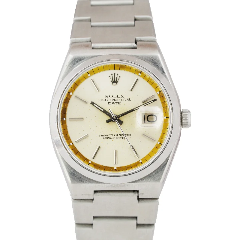 Luxury Swiss Watches for Men-RARE 1977 Rolex Oyster Perpetual Date Stainless 36mm Silver Patina Watch 1530