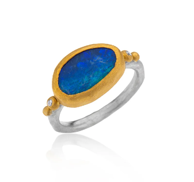 Large Emerald Rings-Nava Zahavi Yellow Gold Opal and Diamonds Ring