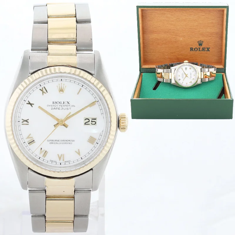 Chronograph Watches for Men-Rolex DateJust 16013 White Roman Two Tone Gold Oyster Band Watch Box