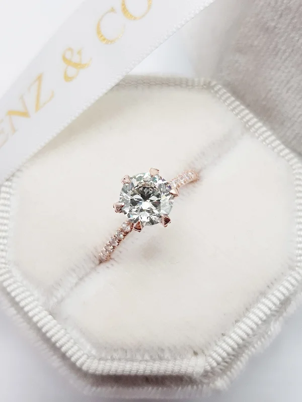 Large Statement Diamond Rings-1.54 Carats Round Brilliant Cut Micropave Side Stones Accented Prongs Diamond Engagement Ring in Rose Gold