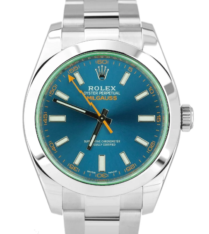 Women’s Luxury Watches with Leather Strap-MINT Rolex Milgauss Z-Blue Green Anniversary 40mm 116400 GV Stainless Watch