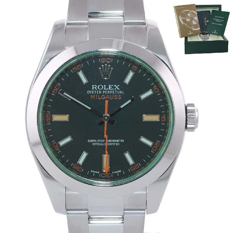 Luxury Sports Watches for Women-Rolex Milgauss Green Anniversary Orange Black 116400 GV Steel Watch Box