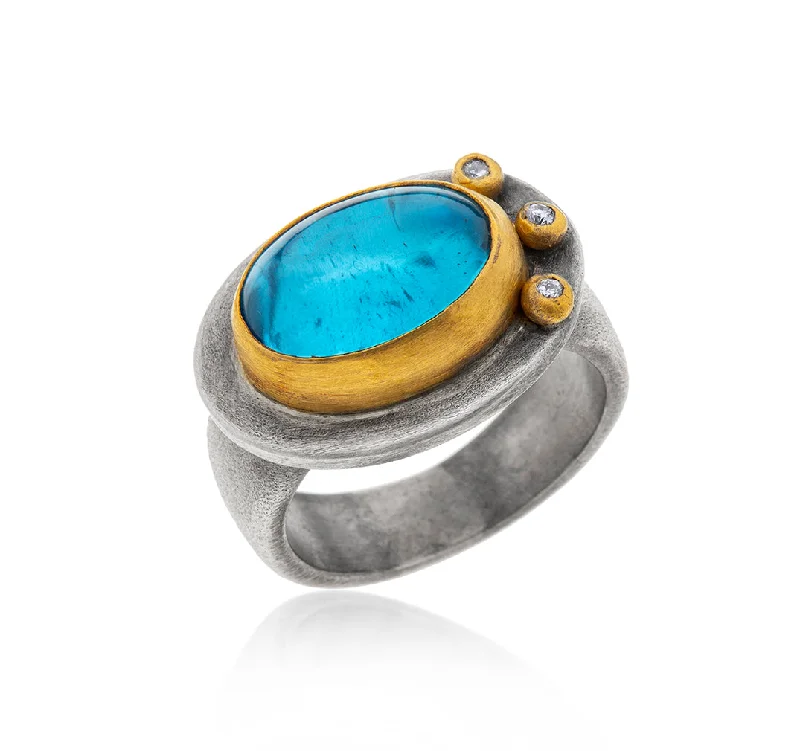 Vintage Promise Rings-Nava Zahavi Yellow Gold Blue Topaz and Diamonds on Sterling Silver Ring