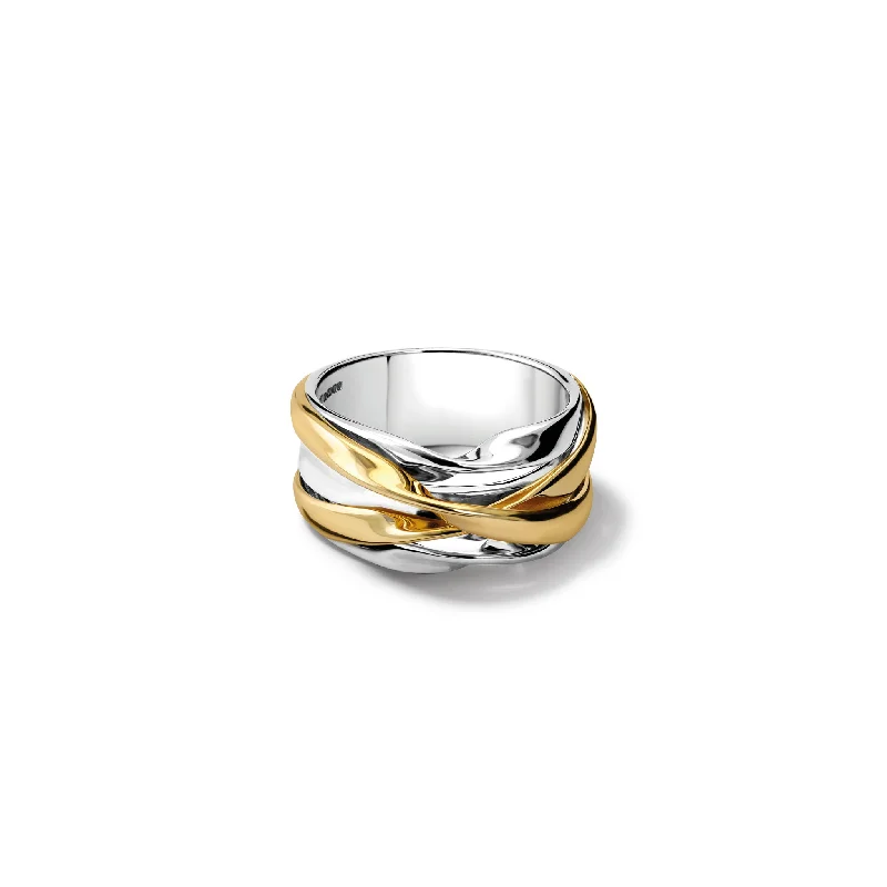 Modern Wedding Bands for Men-Tagliatelle Ring Silver & Yellow Gold