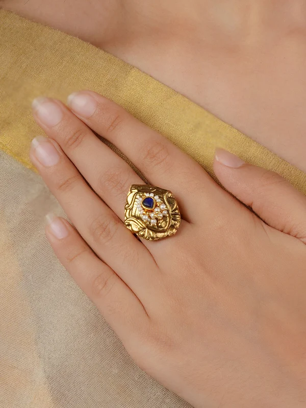 Classic Gemstone Engagement Rings-Blue Color Gold Plated Mishr Ring - MR-RNG60