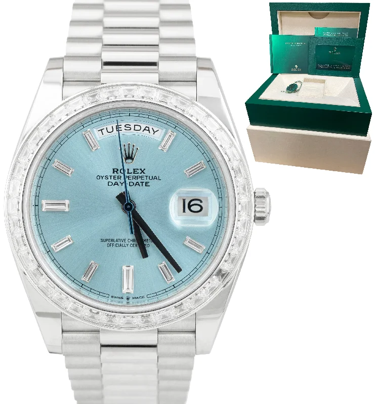 Elegant Women’s Watches with Gemstones-NEW Rolex Day-Date 40 President 40mm Platinum Glacier Blue BAGUETTE 228396 TBR