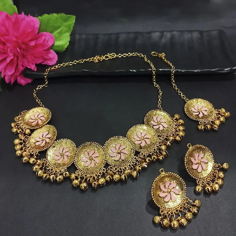 Gold Chain Necklaces for Women-Kriaa Gold Plated Peach Meenakari Necklace Set With Maang Tikka - 1116020G