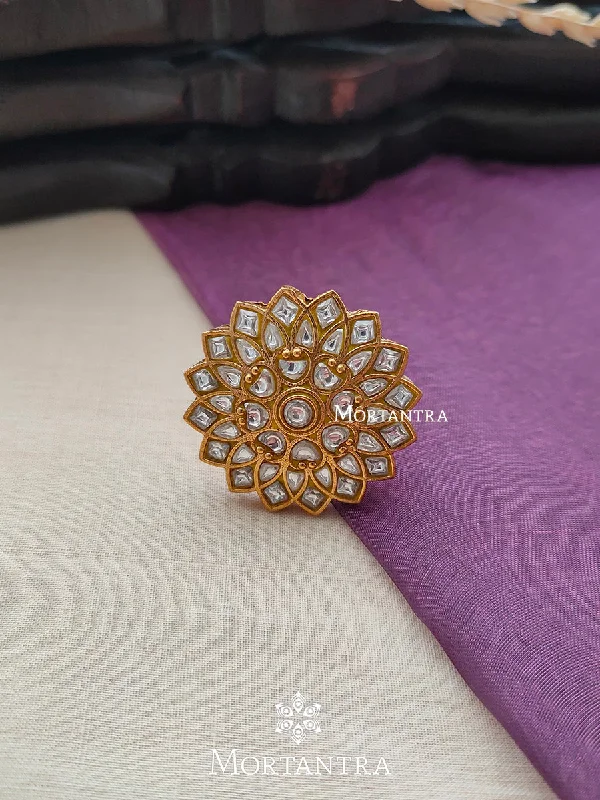 Silver Band Rings-White Color Gold Plated Thappa Jadau Kundan Ring - TJ-R10