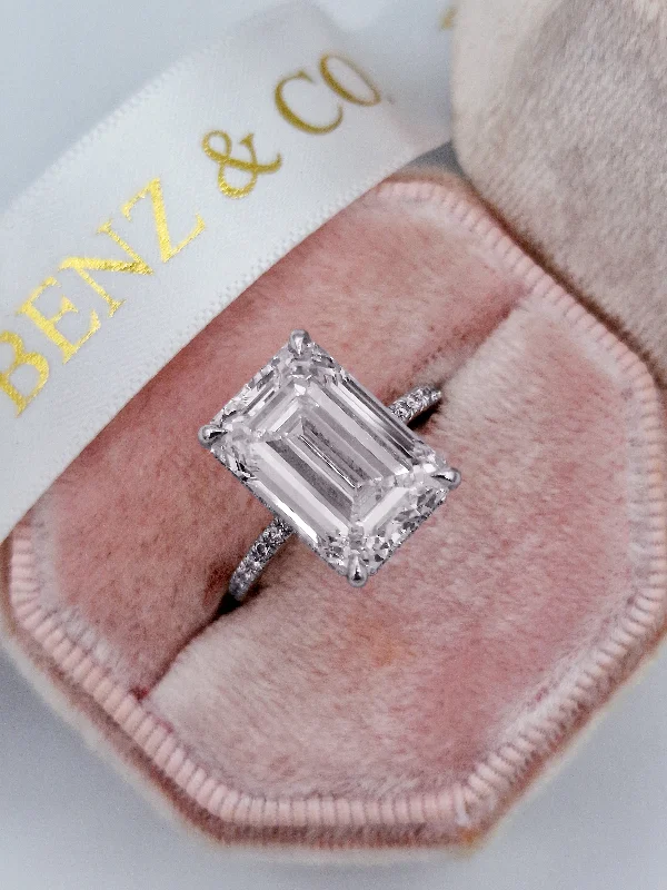 Rose Gold Diamond Rings-8.15 Carats Lab Grown Emerald Cut Micropaved Side Stones Hidden Halo Diamond Engagement Ring