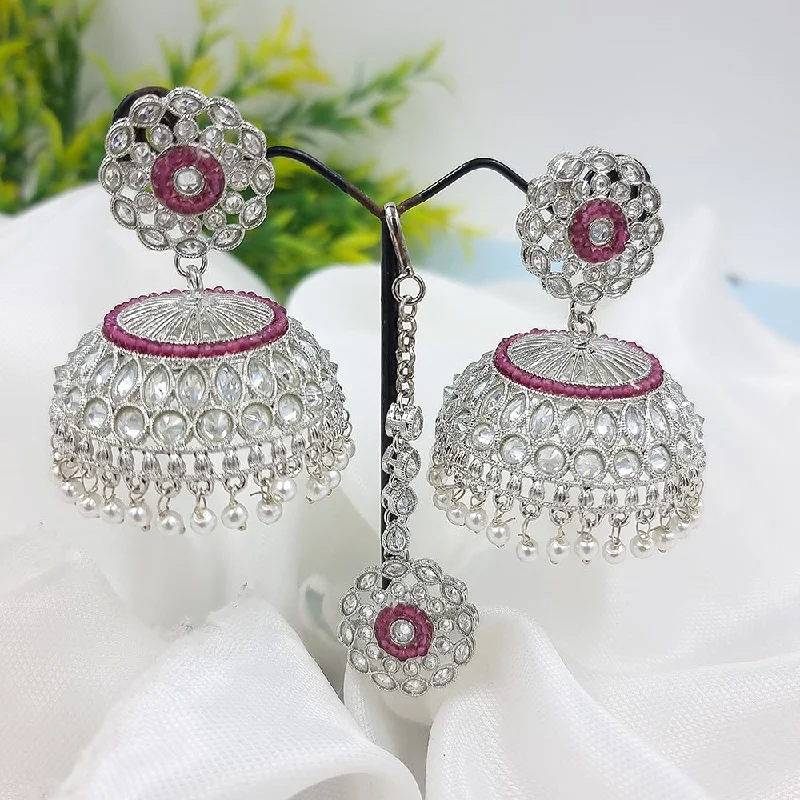 Simple Rose Gold Earrings-JCM Silver Plated Crystal Stone And Pearls Earrings With Maangtikka