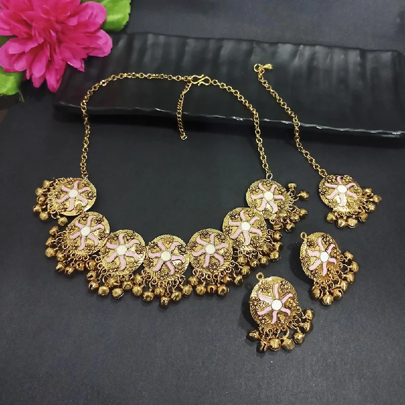 Modern Gold Necklaces-Kriaa Gold Plated Light Pink Meenakari Necklace Set With Maang Tikka - 1116023I